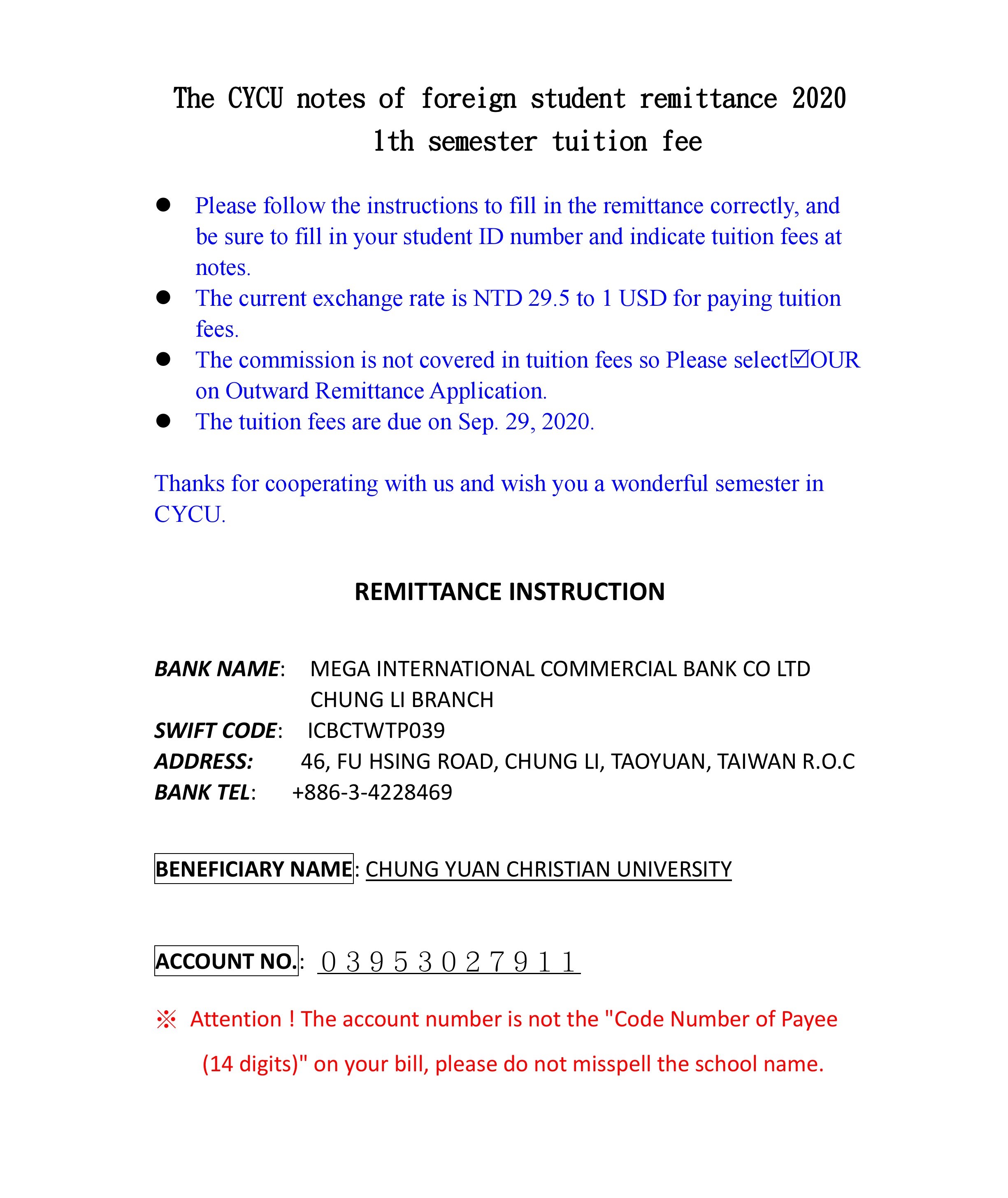 The CYCU notes of foreign student remittance 2020 1th semester tuition ...